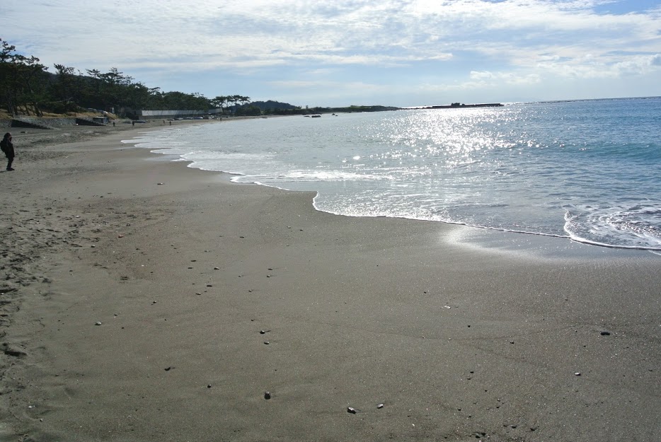 朝の大浜海岸。波がキラキラ光り、足跡の少ない砂浜が広がる。