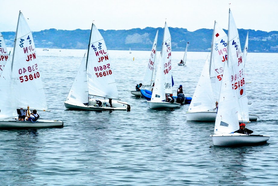葉山の海に浮かぶ競技用ヨットの群。帆には日本代表を意味するJPNの文字と、ナンバーが見える。